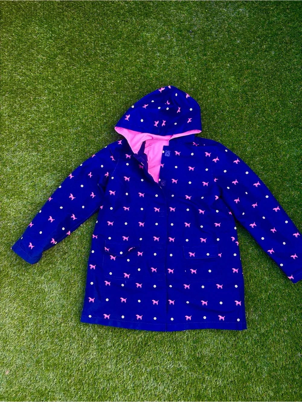 Gymboree Girls Navy Blue with Pink Dog Dots Hooded Raincoat - L (10-12)